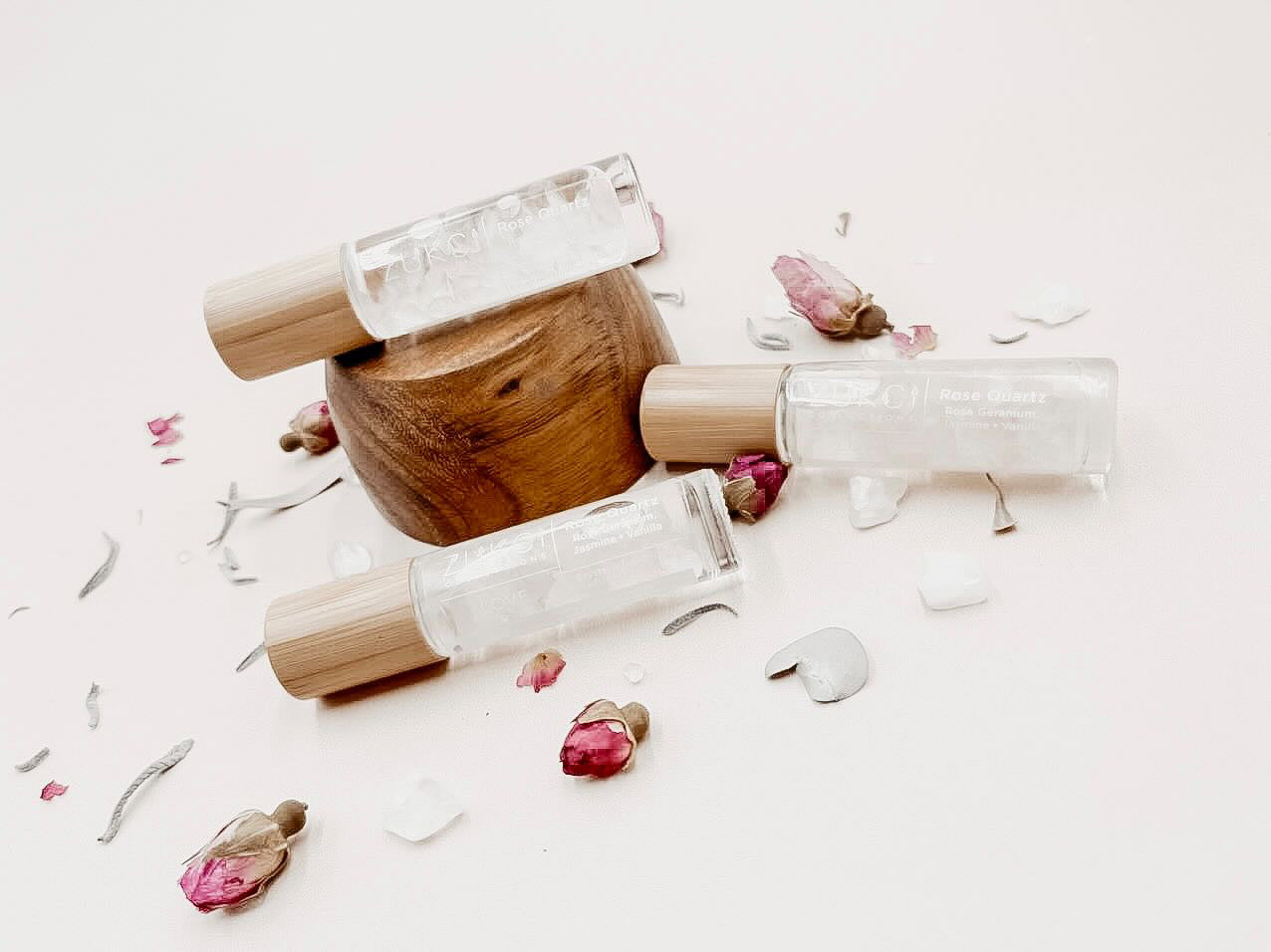 Crystal Infused Essential Oil Roller Bottle  LOVE~ Rose Quartz, Rose Geranium, Jasmine & Vanilla