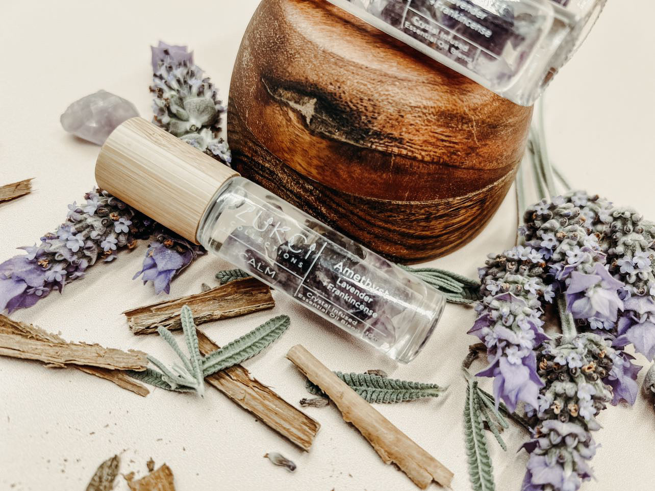 Crystal Infused Essential Oil Roller Bottle  CALM~ Amethyst Lavender & Frankincense