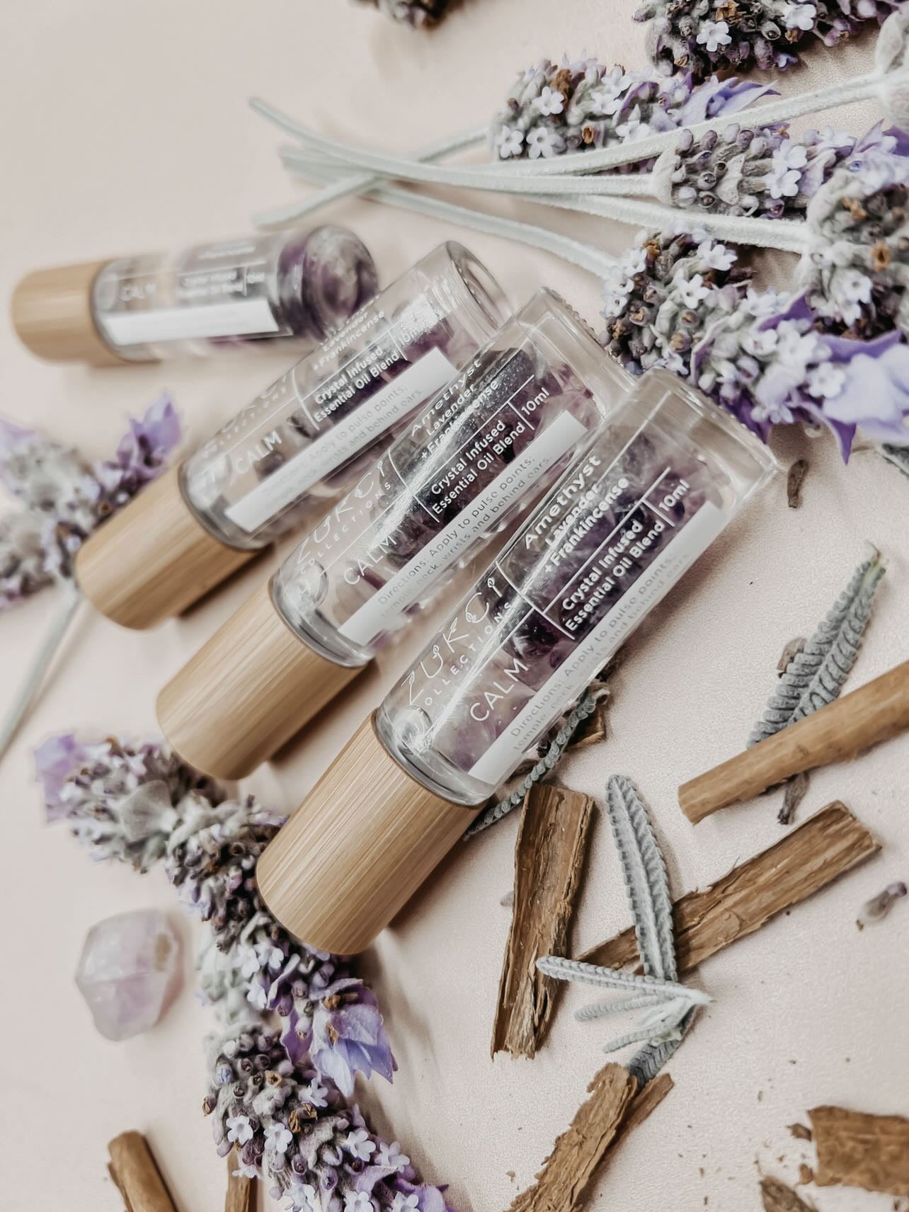 Crystal Infused Essential Oil Roller Bottle  CALM~ Amethyst Lavender & Frankincense
